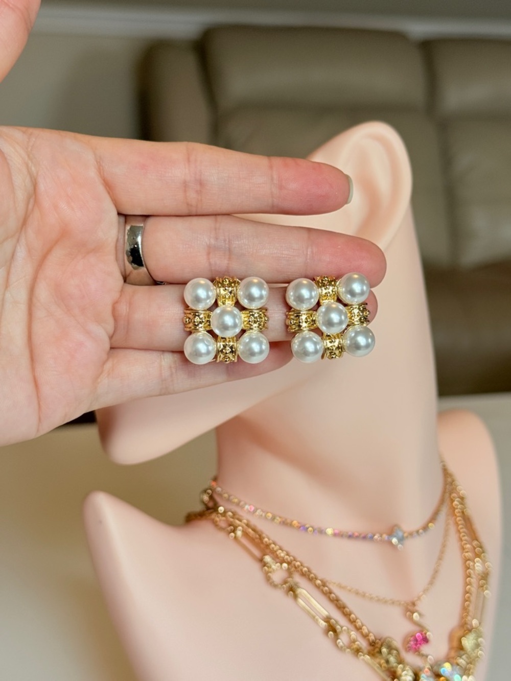 Gold and White Pearl Cluster Stud Earrings - Picture 10 of 10